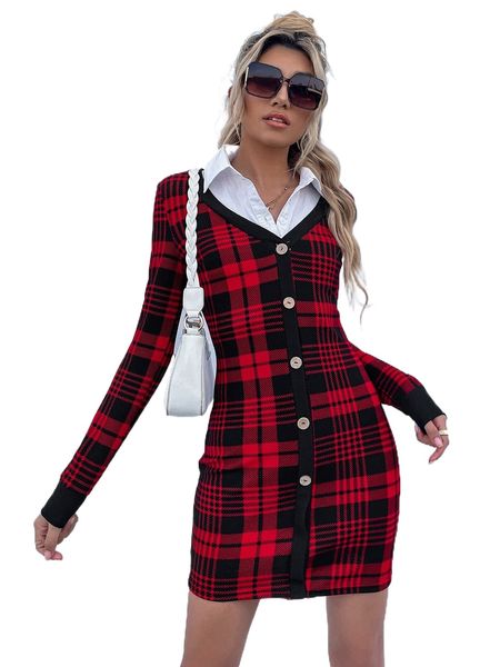 

plaid print combo bodycon dress t3ae#, Black;gray
