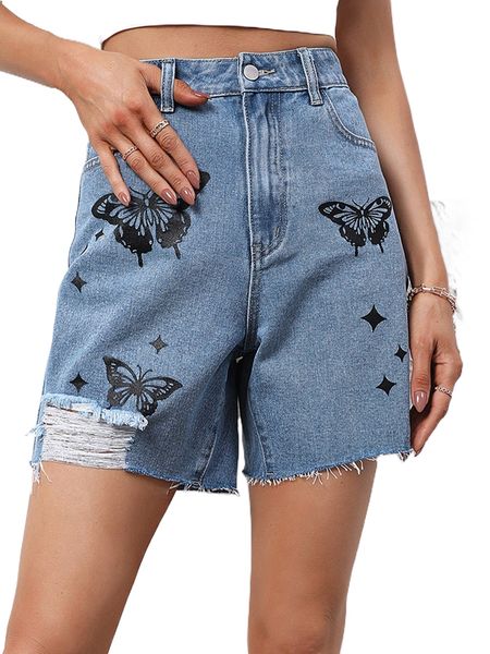 

high waist butterfly print raw hem denim shorts f8j0#, White;black