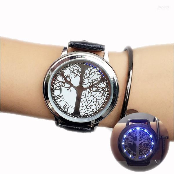 Нарученные часы мода светодиодные часы с сенсорным экраном уникальный крутой с рисунком дерева простые черные циферблаты 60 синие огни кожа Hect22