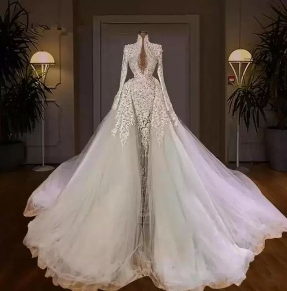 

2022 dubai beading pearls long sleeve mermaid wedding bridal gowns elegant wedding dress robes, White