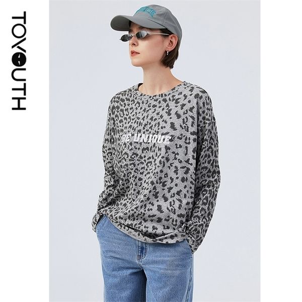 

toyouth women leopard printed tees gray long sleeve round neck tshirt reflective loose 210317, White