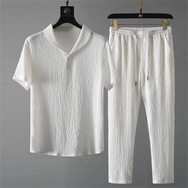 

arrival men s cool and thin short sleeve t shirt pant two piece set solid shirt trousers home suits male size  4xl 220705, Gray