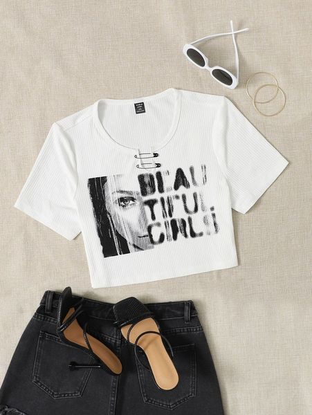 

plus letter & figure graphic pin front crop tee r5s3#, Black