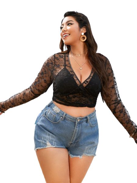

plus flounce sleeve tie back crop without bra 83dz#, Black