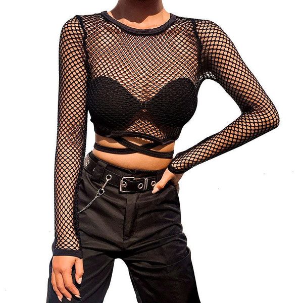 Camiseta feminina malha sólida feminino topo sexy Sexy preto manga longa perspectiva de fishnet tops de rua de verão
