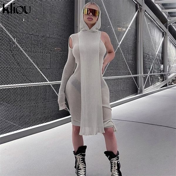 

kliou knitted dres see through x-long hoody +one shoulder drawstring ruched robe skirt hipster future streetwear 220504, Black;gray