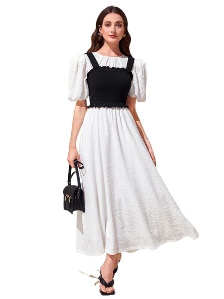 

modely shirred wide strap & puff sleeve dress set y9rk#, White