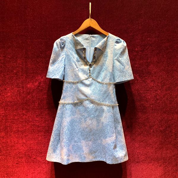 

european and american women's clothing winter 2022 new short sleeve heavy nail bead v collar fashionable jacquard blue dress, Black;gray