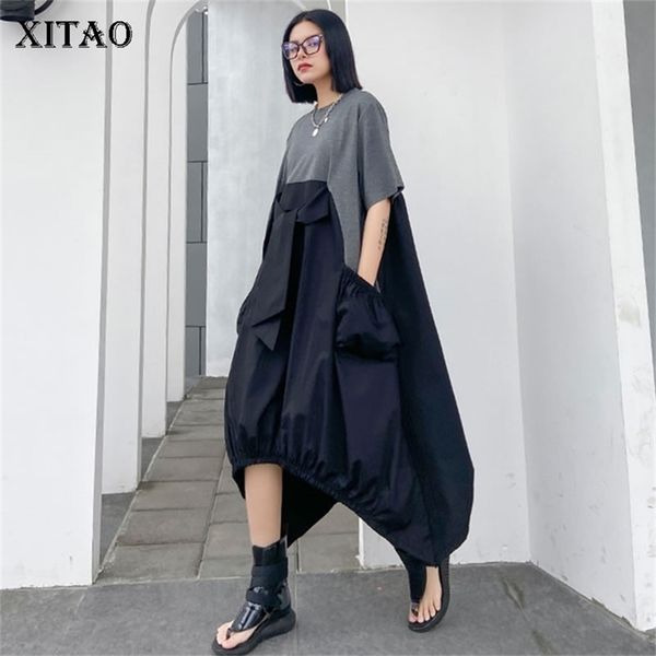 

xitao irregular pleated hit color dress plus size loose covering belly pullover short sleeve elegant dress summer 210303, Black;gray