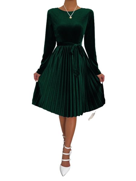 

pleated hem belted velvet a-line dress a0my#, Black;gray