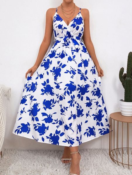

floral print backless belted cami dress b7jt#, Black;gray