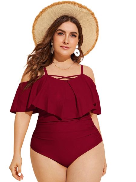 

plus flounce ruched one piece swimsuit r6cv#, White;black