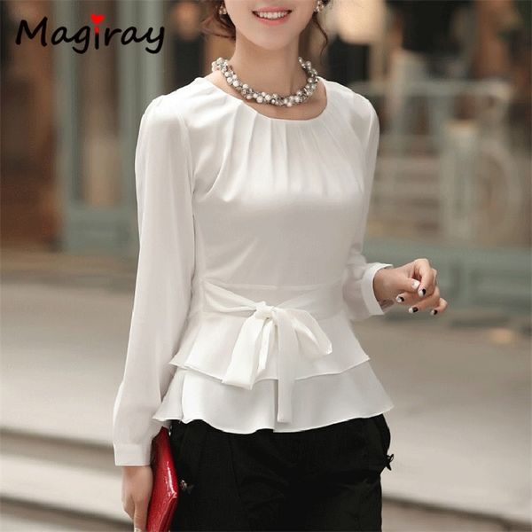 Plissee O Neck Weiß Chiffon Damen Tops und Blusen 2019 Langarm Schößchen Gürtel Koreanische Elegante Hemd Weibliche Blumen Büro T200321