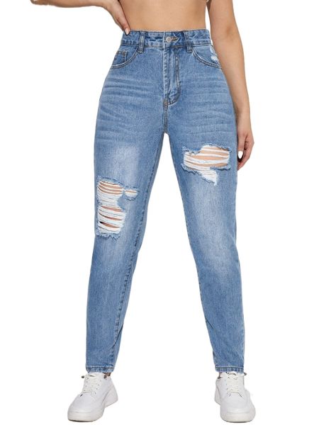 

high waist ripped mom jeans o3e0#, Blue