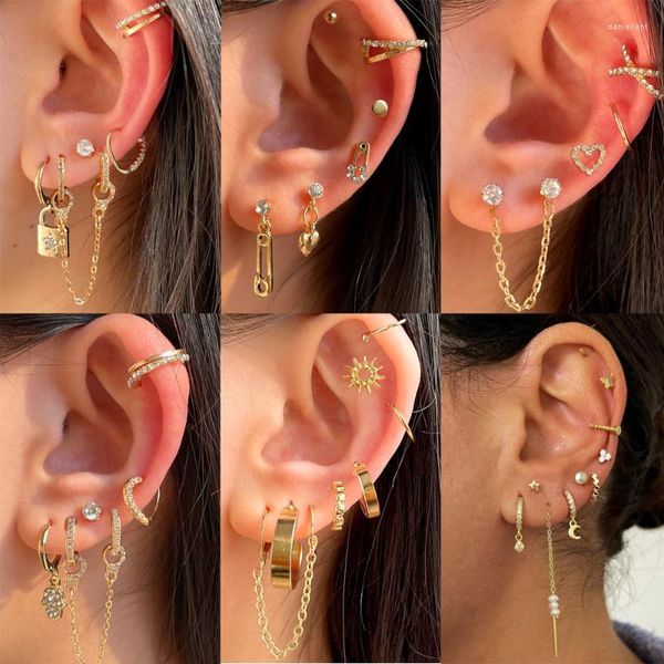 Orecchini a cerchio Huggie Punk Lock Cuore Zircone Cerchio Set per le donne Polsino dell'orecchio dorato Piccolo piercing Orecchino a catena lunga Gioielli 2022 GiftHoop