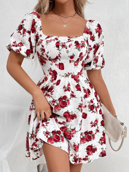 

random floral & dot print puff sleeve scoop neck dress 03ff#, Black;gray