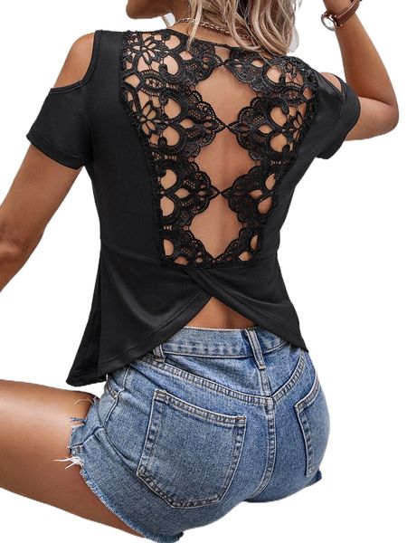 

guipure lace panel wrap back cold shoulder tee 56bm#, White