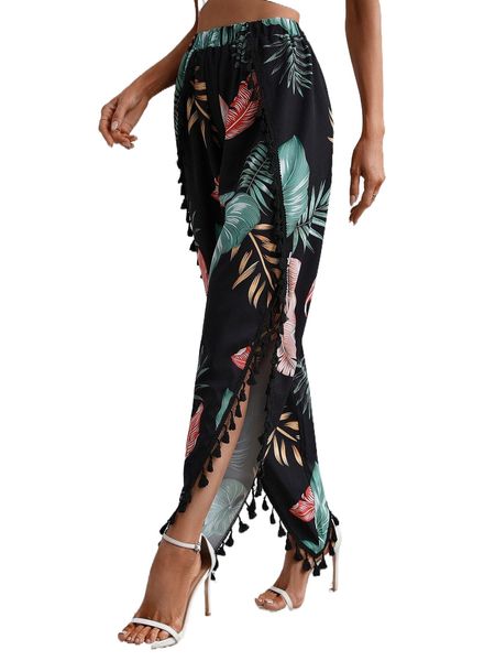 

tropical print tassel trim wrap hem pants c6i1#, Black;white