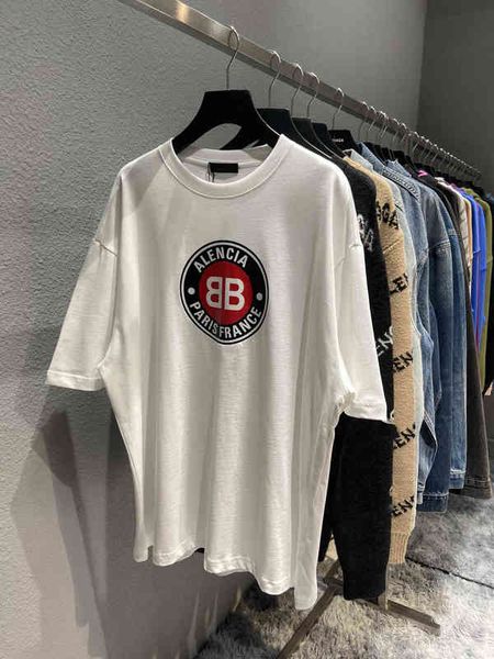

spring and summer high version b family round bb letter pattern printed pullover neck loose versatile men's women's t-shirt, White;black