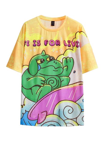 

x moldazor cartoon and slogan graphic tie dye drop shoulder tee l0od#, White