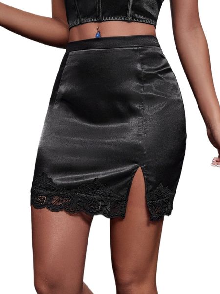 

scallop lace trim split hem skirt t13o#, Black