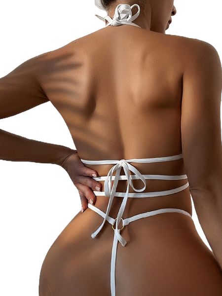 

plain rib halter triangle bikini swimsuit g9na#, White;black