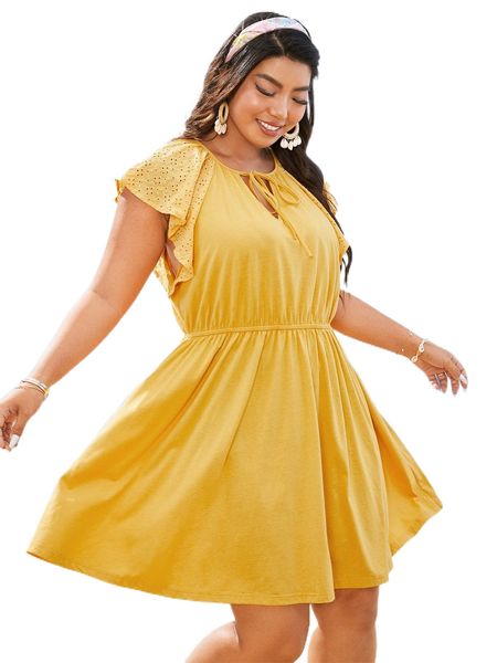 

plus eyelet embroidered raglan sleeve tie front dress n4p8#, Black