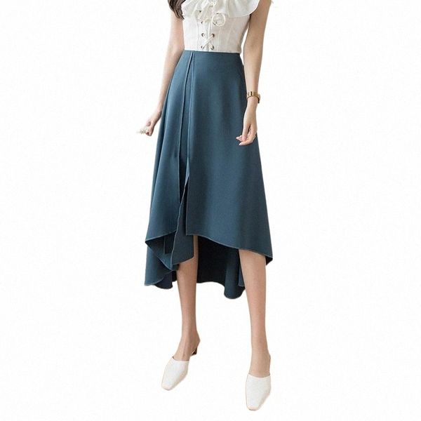 

skirts summer 2022 blue skirt women girls irregular high waist back zipper ruffles mid-calf length solid midi bottoms b15602a z4sz#, Black