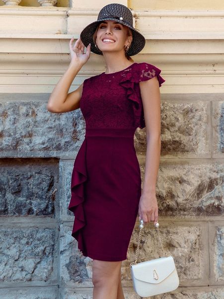 

miusol ruffle trim lace bodice fitted dress h9no#, Black;gray