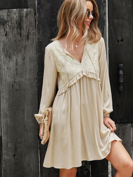 

solid tie neck ruffle trim dress r7p9#, Black;gray