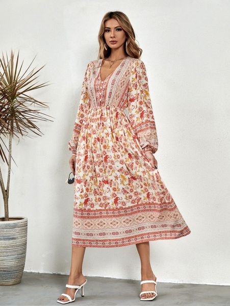 

floral bishop sleeve button front dress without belt e376#, Black;gray