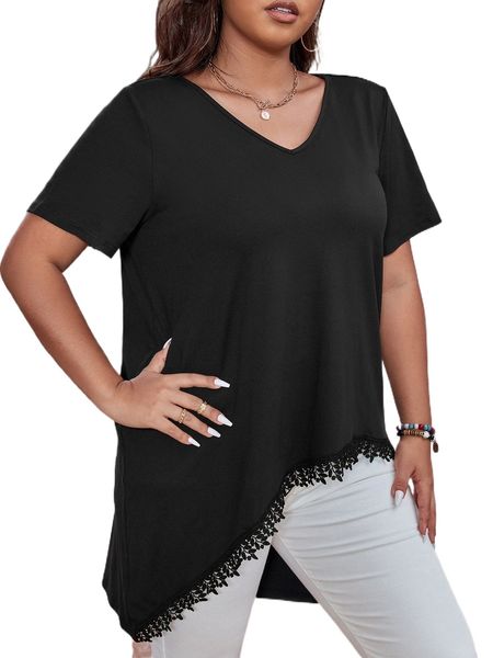 

plus guipure lace panel high low hem tee o2l4#, Black