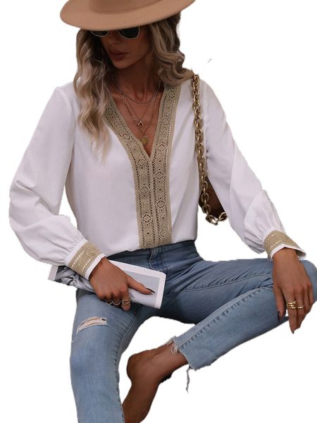 

contrast guipure lace blouse b45t#, White
