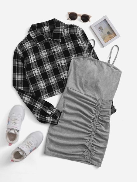 

teen girls plaid blouse & ruched bow front cami dress she, White