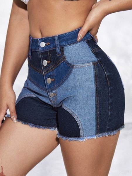 

sxy colorblock raw hem denim shorts i6fk#, White;black