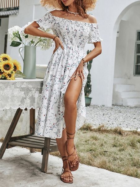 

floral print off shoulder shirred split thigh dress e8k7#, Black;gray