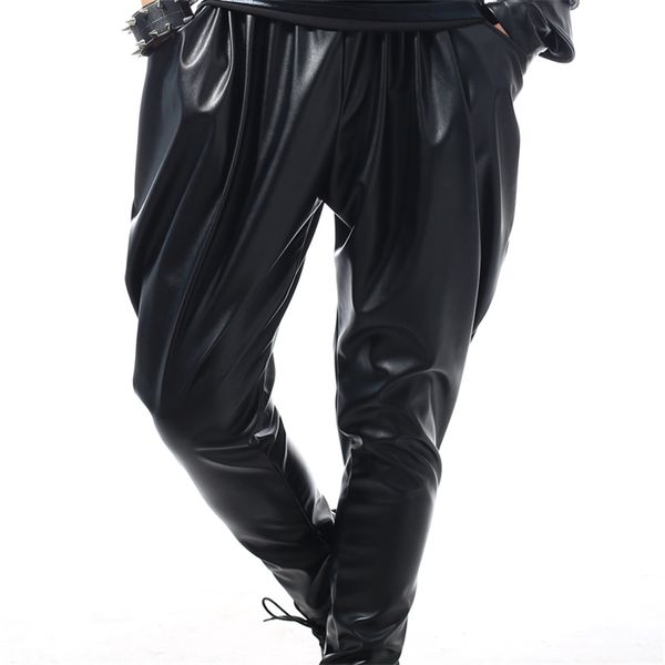 

version fashion brand hip hop personality performance sweatpants male trousers stage faux leather harem pants 201130, Black