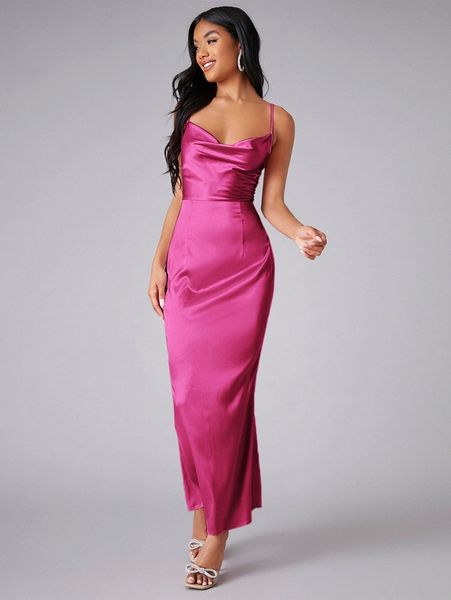 

draped detail split hem satin slip dress l09q#, Black;gray
