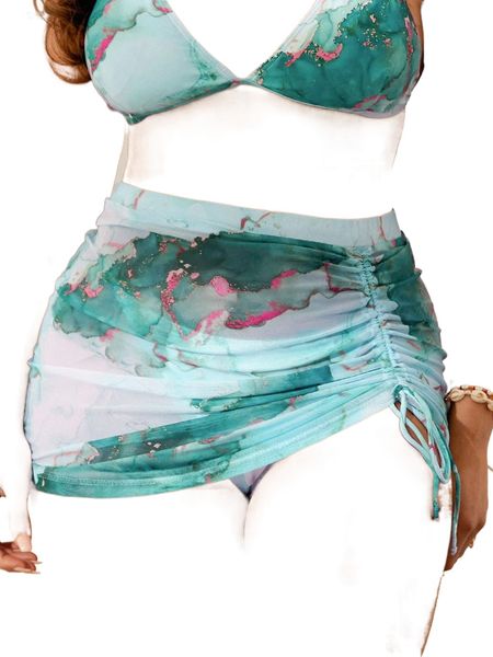 

2pack plus marble print bikini bottom with beach skirt l38d#, Black