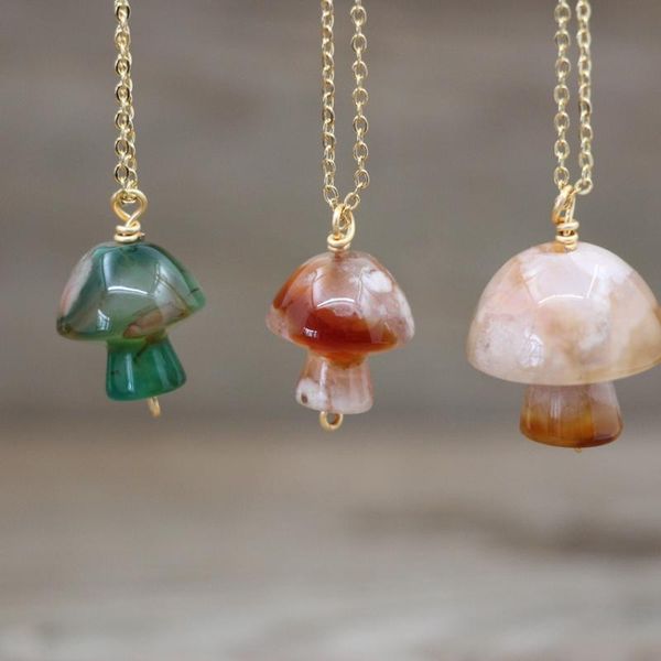 

pendant necklaces natural sakura agates mushroom chams gold chains reiki healing cherry blossom quartz gems pendants necklace women jewelry, Silver