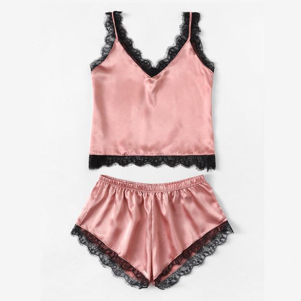 

summer sleepwear satin pajamas set lace cami and shorts sleeveless, Black;red