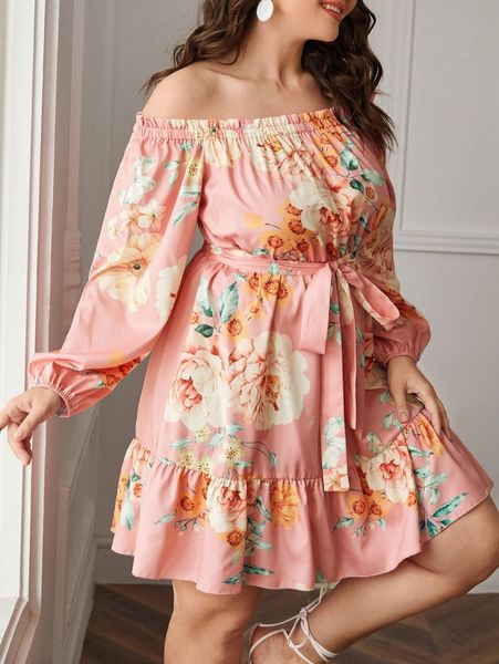 

plus floral print off shoulder lantern sleeve ruffle hem belted dress a53a#, Black
