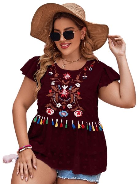 

plus swiss dot cap sleeve floral embroidery fringe detail blouse a8n9#, Black