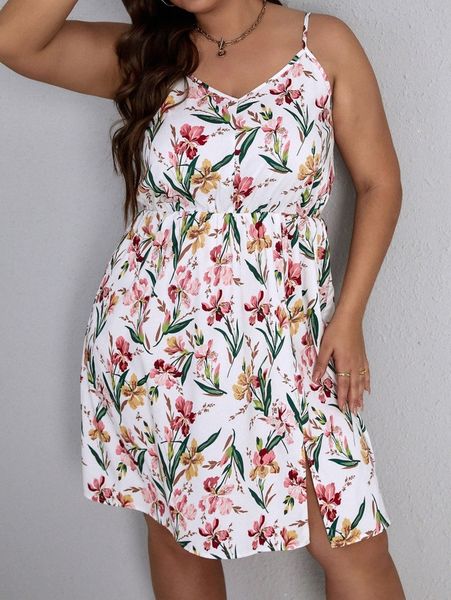 

plus floral print split hem cami dress e8qa#, Black