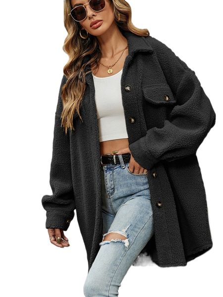 

flap detail drop shoulder teddy coat 550u#, Black