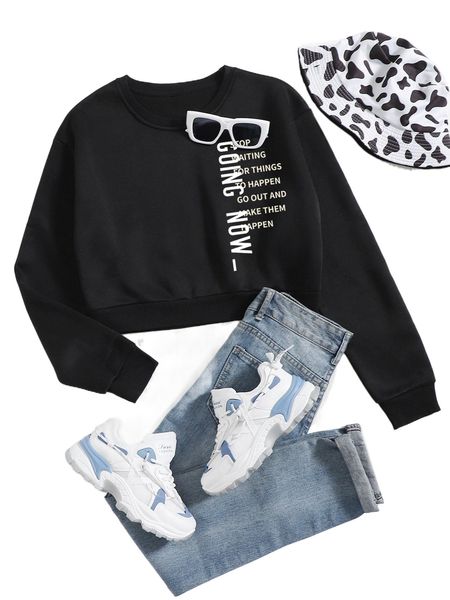 

slogan graphic crop pullover h3bo#, Black