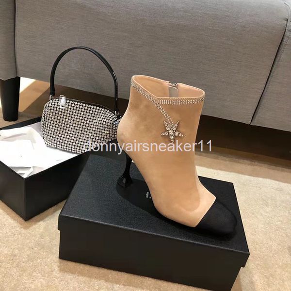 

boots high version xiaoxiang high-heeled bare boots soft surface martin women's thick heel square head short, Black