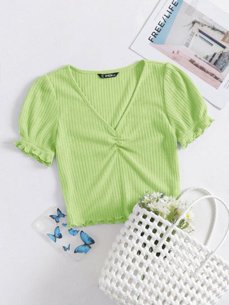 

ruched detail frilled cuff puff sleeve lettuce edge e7h1#, White