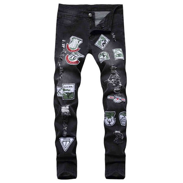 

men's jeans denim men's jeans embroidery stitching hole beggars pants slim personality po5e, Blue