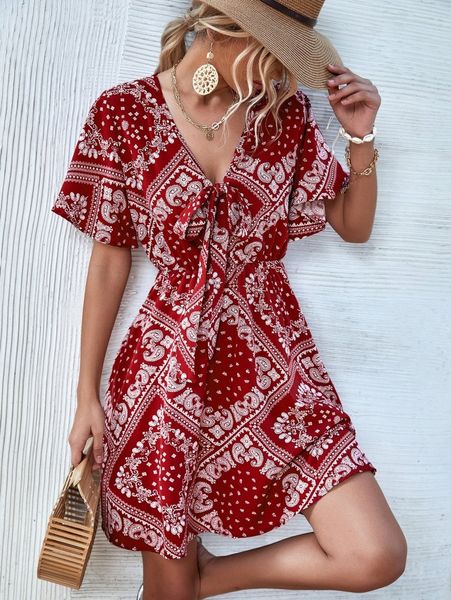

paisley scarf print knot front butterfly sleeve dress z68p#, Black;gray